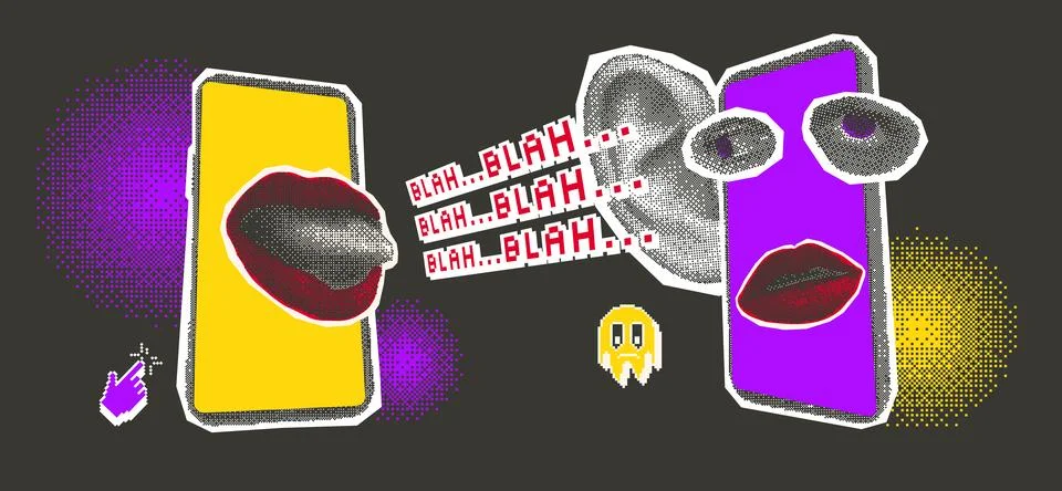 Online communication fun composition. Bitmap mouth, ear, eyes on display. Fake Stock-Illustration