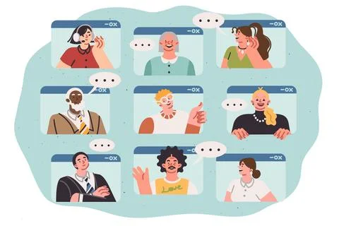 Online communication people using digital technologies for chatting, looking out Illustrazione stock