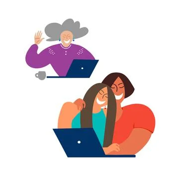 Online communication with relatives. Vector illustration of a computer with a Illustrazione stock
