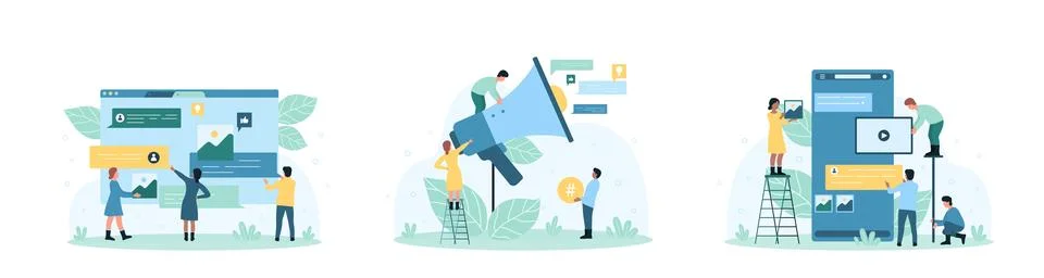 Online communication set, tiny people talk by messages in social media and post イラスト素材