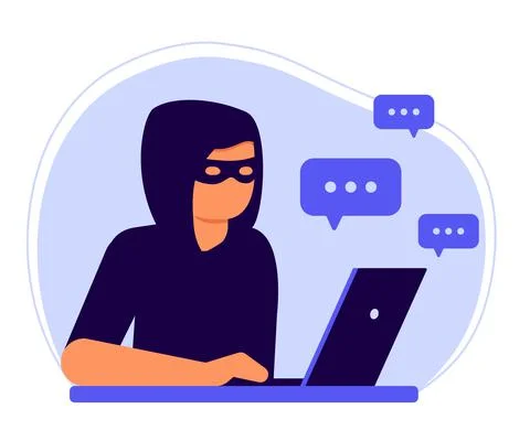 Online computer man hacker, social media fraud, scam. Cheating on internet Stock Illustration