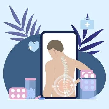 Online consulted by chiropractor, using smartphone and camera Stock Illustration