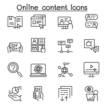 Online content icon set in thin line style Illustrazione stock