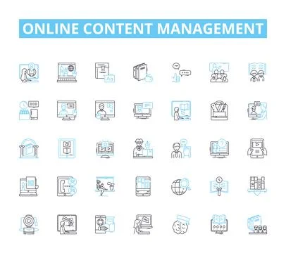Online content management linear icons set. Publishing, Editing, Writing Illustrazione stock