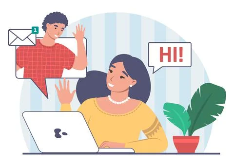 Online conversation between young couple over the internet. People sending and Ilustração Stock