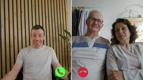 Online conversation between a young man and an older couple Stock Footage 305541608