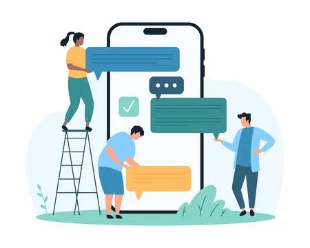 Online conversation in chat mobile application of phone, tiny people hold speech イラスト素材