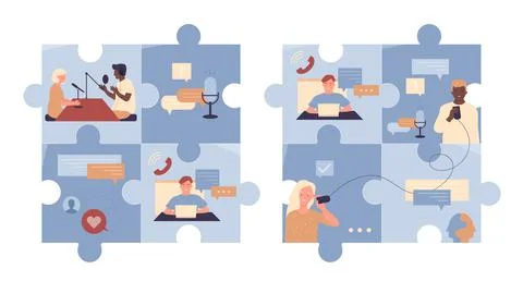 Online conversation set, tiny people talk on studio interview, send digital Stock Illustration