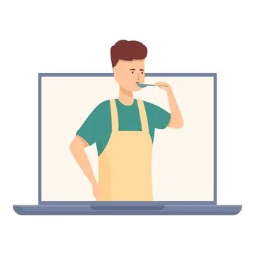 Online cooking class chef tasting food from laptop screen Illustrazione stock