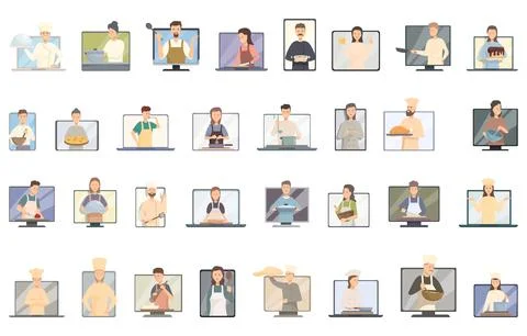 Online cooking classes icons set cartoon vector. Cook class Stock Illustration