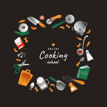 Online cooking classes, vector frame border, banner or poster template with copy Stock Illustration
