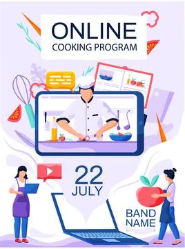 Online cooking program concept poster. Girls watching video recording of Stock Illustration