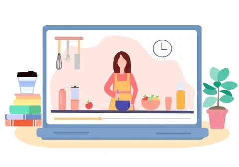Online cooking training on a laptop, vector graphics Stock Illustration