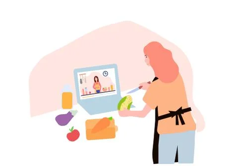 Online cooking training on a laptop, vector graphics Stock Illustration