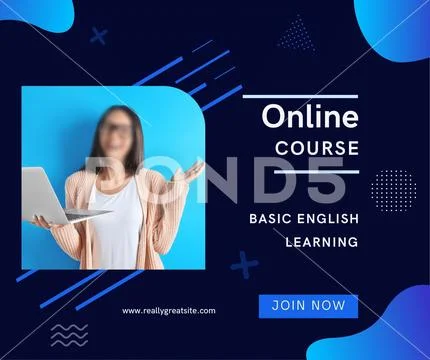 Online course for basic english learning with a young woman PSD Template
