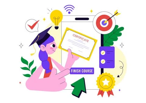 Online Course Certificate Program Illustration Featuring Learning Managemen.. Illustrazione stock