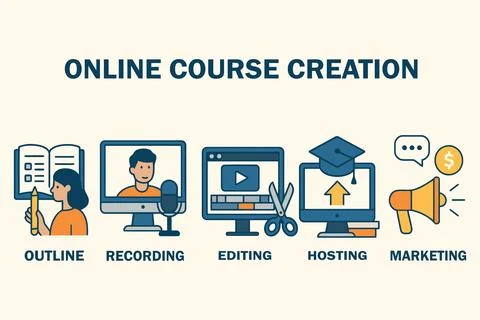 Online course creation process from outline to marketing Ilustração Stock