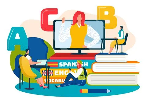 Online course for language learning, people get education by computer technology Stock Illustration