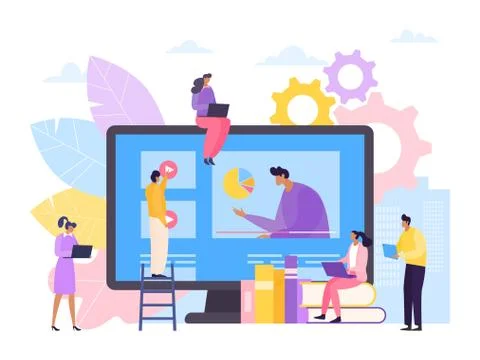 Online course learning video on computer screen, vector illustration. People Stock Illustration