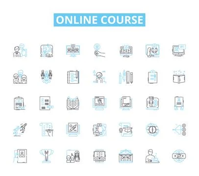 Online Course linear icons set. E-learning, Webinars, Certification, Video Stock Illustration