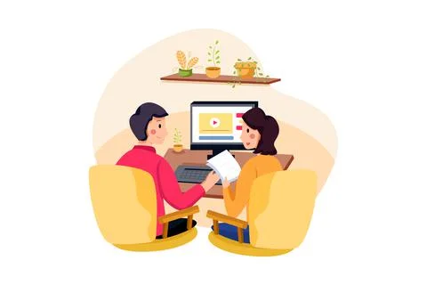 Online course with people in front of computer Stock Illustration