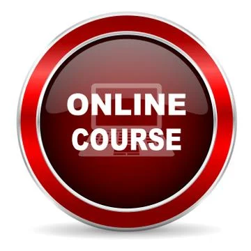 Online course red circle glossy web icon, round button with metallic border Stockillustratie