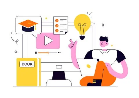 Online Course Vector Illustration Featuring E Learning Platform, Virtual Ed.. Illustrazione stock