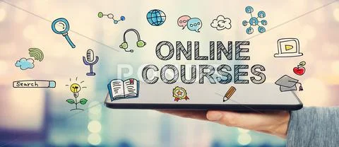 Online Courses concept with man holding tablet Stock Photos