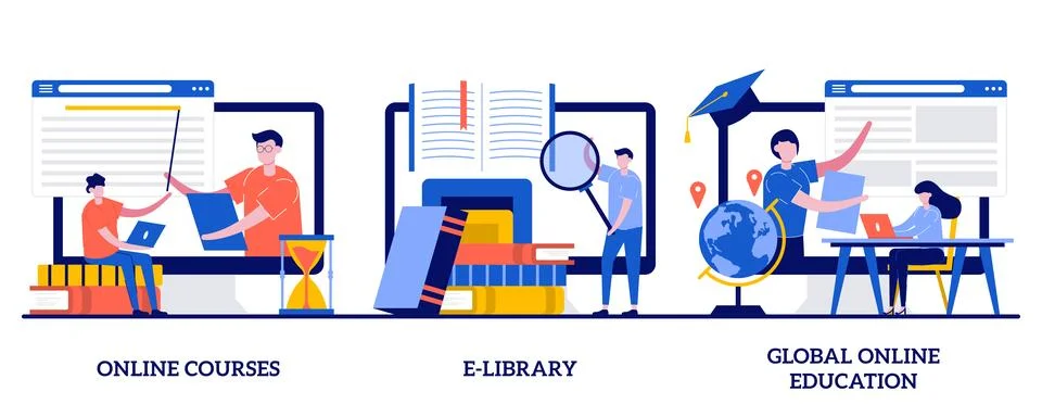 Online courses, E-library, global online education concept with tiny people.. Stock Illustration