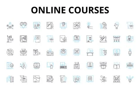 Online courses linear icons set. E-learning, Virtual, Distance, Web-based Ilustración de archivo