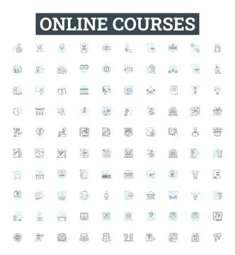 Online courses vector line icons set. E-learning, Training, Webinars, Tutorials Stock Illustration