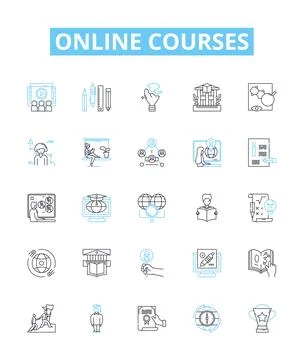 Online courses vector line icons set. E-learning, Training, Webinars, Tutorials Stock Illustration