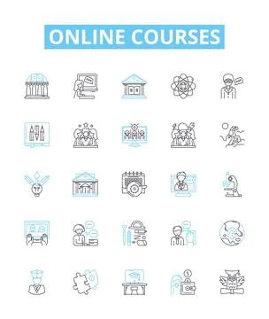 Online courses vector line icons set. E-learning, Training, Webinars, Tutorials Stock Illustration