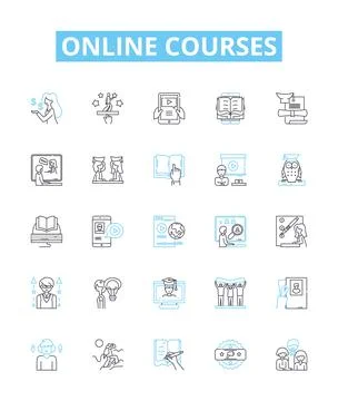 Online courses vector line icons set. E-learning, Training, Webinars, Tutorials Stock Illustration