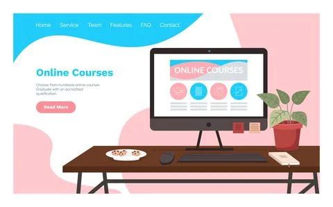 Online courses, video tutorial, distance training, e-learning. Web service for Illustrazione stock