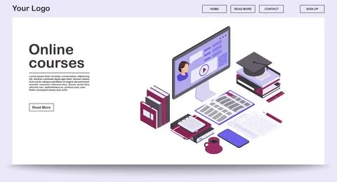 Online courses webpage vector template with isometric illustration Stockillustratie