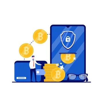 Online crypto wallets concept with character. People stand near smartphone .. Stock Illustration