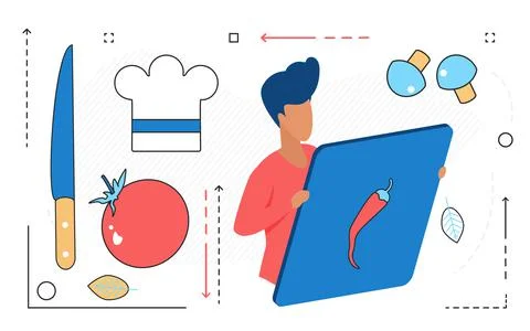 Online culinary course, internet technology, user cooking and watching online Illustrazione stock