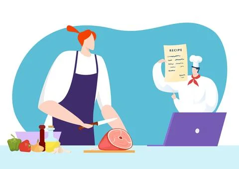 Online culinary school, vector illustration, flat woman character cooking food Stock Illustration
