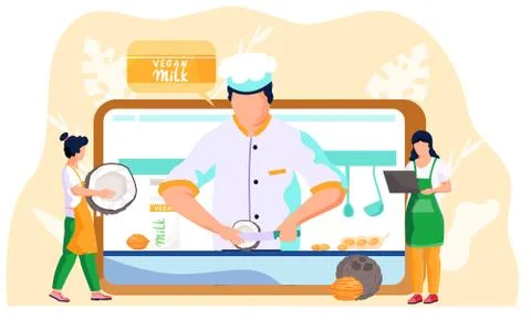 Online culinary video on tablet screen. Girls watching lessons on cooking. Vegan Stock Illustration