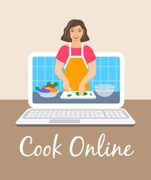 Online culinary video tutorial on computer screen Illustrazione stock