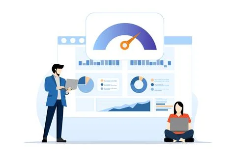 Online dashboard concept with speed indicator, internet performance test. Illustrazione stock