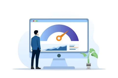Online dashboard concept with speed indicator, internet performance test. Illustrazione stock