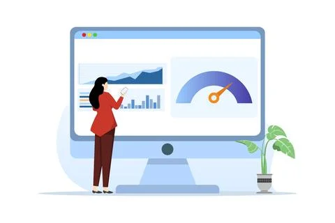 Online dashboard concept with speed indicator, internet performance test. Illustrazione stock