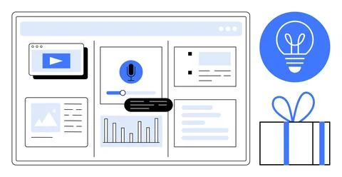Online dashboard featuring video player, microphone, text boxes, chart, and i Illustrazione stock