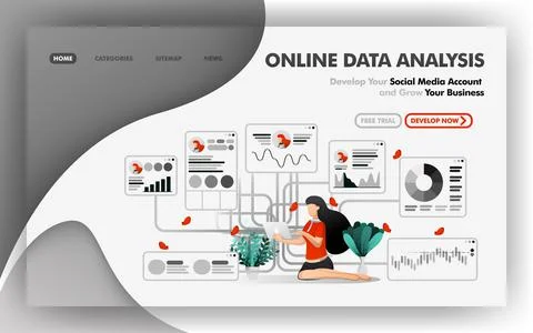 Online data analysis vector Illustration concept, relaxed girl analyzes data  Stock Illustration