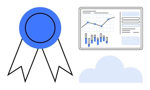 Online Data Analytics Achievement with Award Ribbon and Cloud Storage Symbol 스톡 일러스트