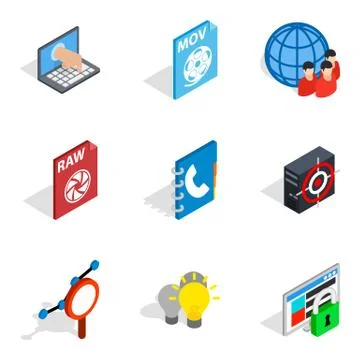Online data icons set, isometric style Illustrazione stock