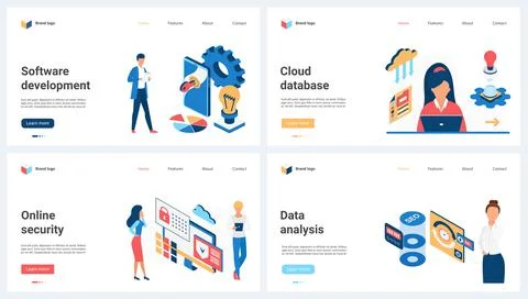 Online data security, cloud database analysis, software development set and tiny Stock Illustration