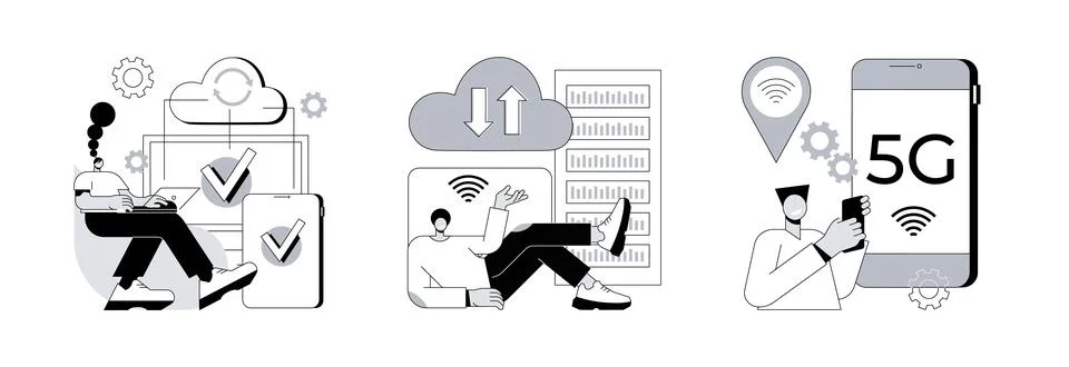 Online data transfer abstract concept vector illustrations. Illustrazione stock